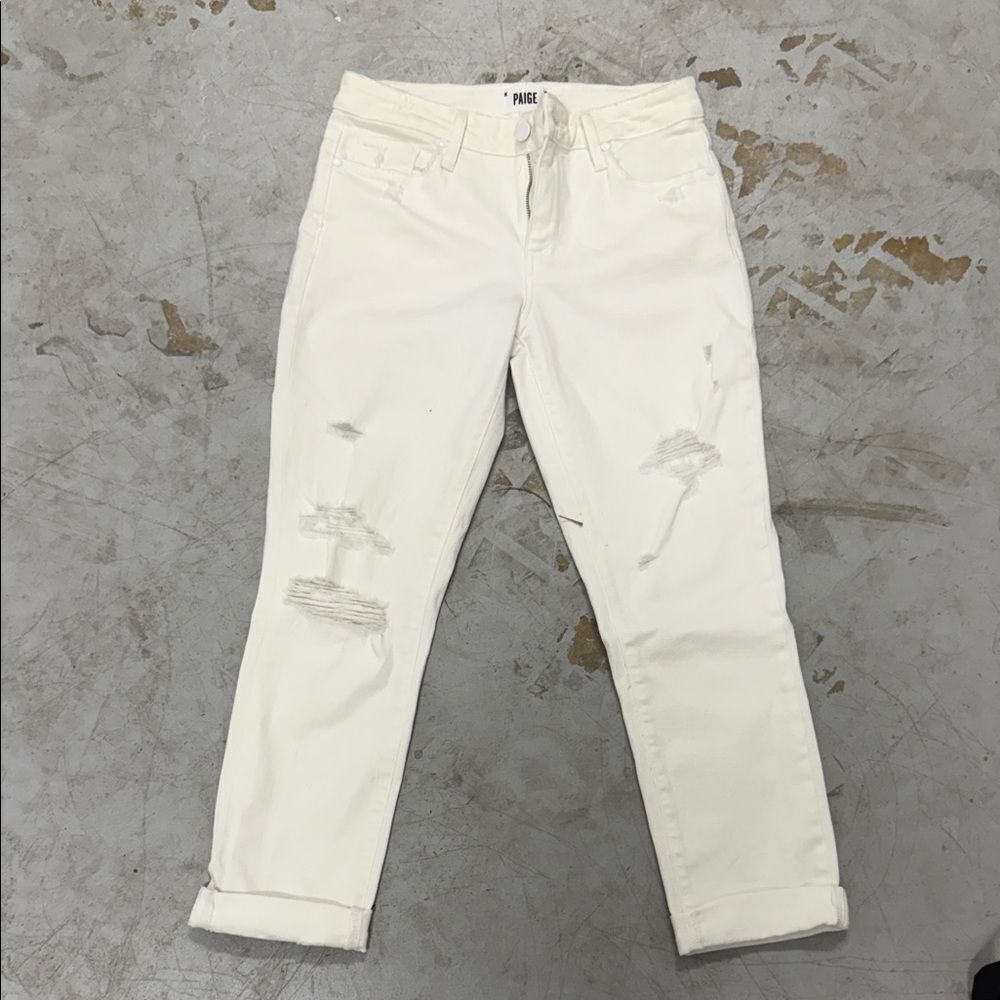 PAIGE Women's White Distressed Boyfriend Jeans Cuffed Cropped Ankle - Size 25